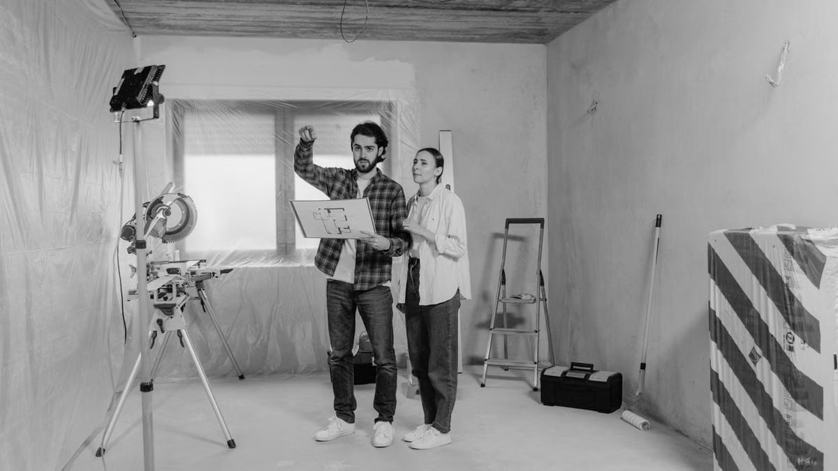 Interior designers discussing renovation plans in a room under construction.